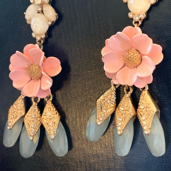 Pink Enamel Flower rhinestone Dangle Earrings chandelier 3” Tole Metal Flowers - Picture 9 of 10